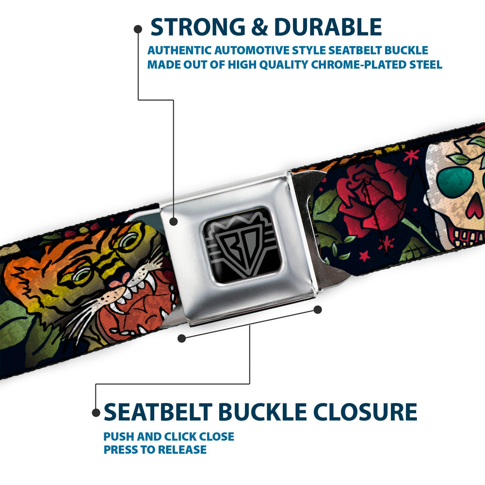 BD Wings Logo CLOSE-UP Full Color Black Silver Seatbelt Belt - Death Before Dishonor CLOSE-UP Black Webbing - Buckle-Down - Flyclothing LLC