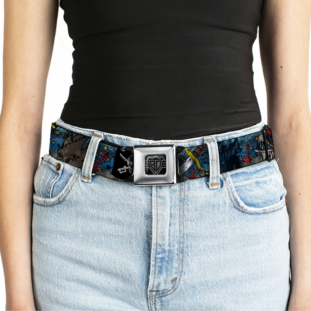 BD Wings Logo CLOSE-UP Full Color Black Silver Seatbelt Belt - Dead Men Tell No Tales CLOSE-UP Turquoise Webbing - Buckle-Down - Flyclothing LLC