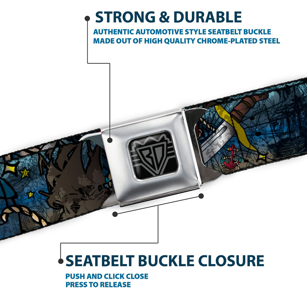 BD Wings Logo CLOSE-UP Full Color Black Silver Seatbelt Belt - Dead Men Tell No Tales CLOSE-UP Turquoise Webbing - Buckle-Down - Flyclothing LLC