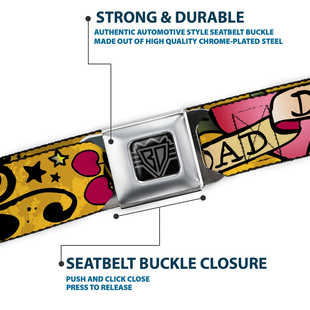 BD Wings Logo CLOSE-UP Full Color Black Silver Seatbelt Belt - Dad & Dad Yellow Webbing - Buckle-Down - Flyclothing LLC