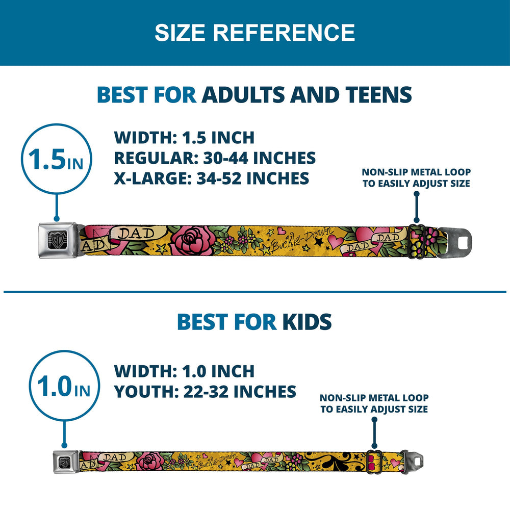 BD Wings Logo CLOSE-UP Full Color Black Silver Seatbelt Belt - Dad & Dad Yellow Webbing - Buckle-Down - Flyclothing LLC