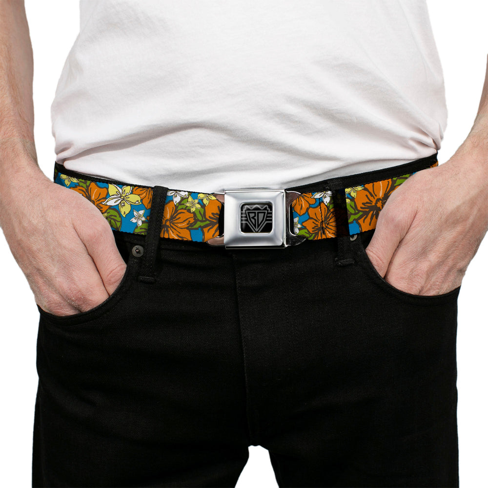 BD Wings Logo CLOSE-UP Full Color Black Silver Seatbelt Belt - Hibiscus Collage Blue/Orange/Yellow Webbing - Buckle-Down - Flyclothing LLC