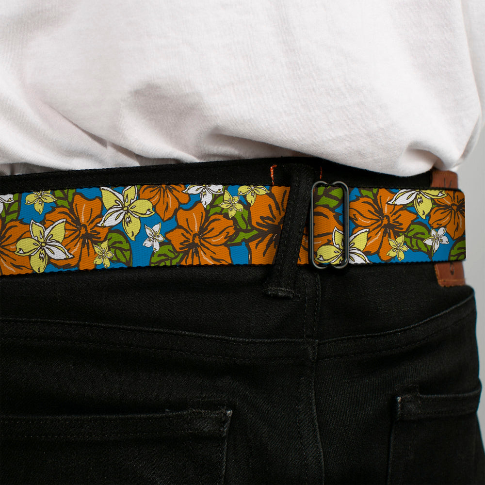 BD Wings Logo CLOSE-UP Full Color Black Silver Seatbelt Belt - Hibiscus Collage Blue/Orange/Yellow Webbing - Buckle-Down - Flyclothing LLC