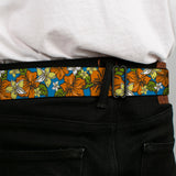 BD Wings Logo CLOSE-UP Full Color Black Silver Seatbelt Belt - Hibiscus Collage Blue/Orange/Yellow Webbing - Buckle-Down - Flyclothing LLC