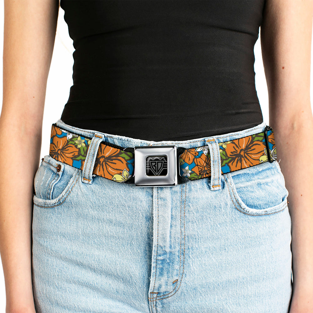 BD Wings Logo CLOSE-UP Full Color Black Silver Seatbelt Belt - Hibiscus Collage Blue/Orange/Yellow Webbing - Buckle-Down - Flyclothing LLC