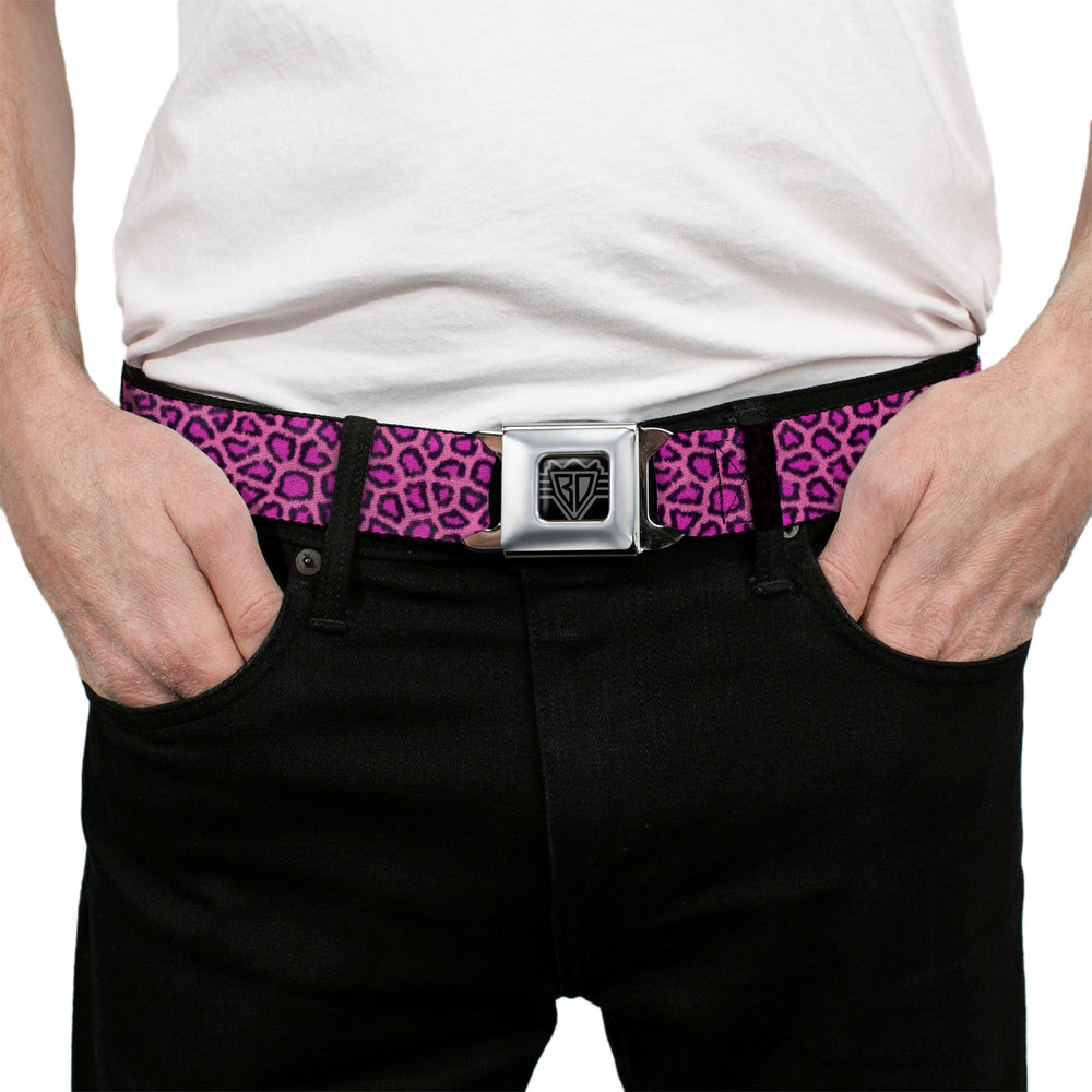 BD Wings Logo CLOSE-UP Full Color Black Silver Seatbelt Belt - Leopard Pink Fuchsia Webbing - Buckle-Down - Flyclothing LLC