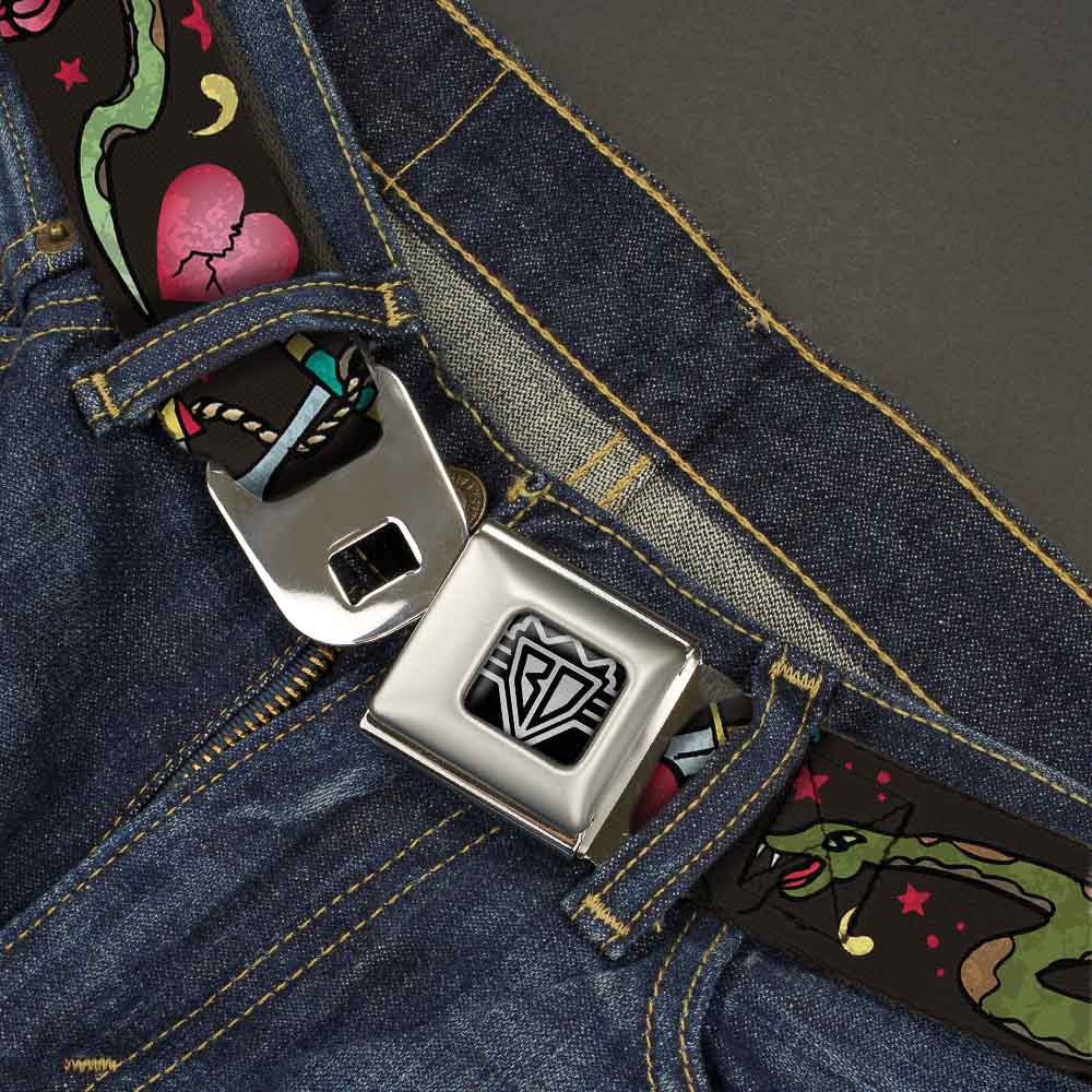 BD Wings Logo CLOSE-UP Full Color Black Silver Seatbelt Belt - Live Hard Die Young CLOSE-UP Black Webbing - Buckle-Down - Flyclothing LLC