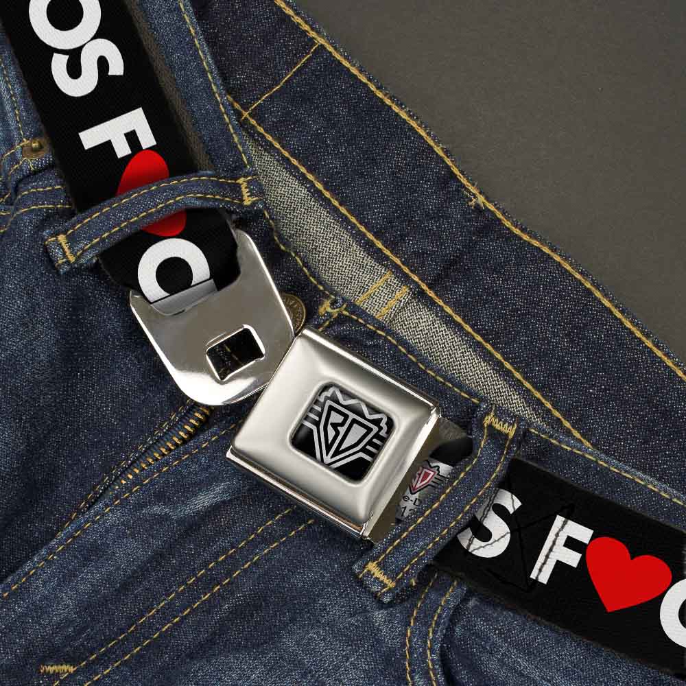BD Wings Logo CLOSE-UP Full Color Black Silver Seatbelt Belt - LOS F*CKIN' ANGELES Heart Black/White/Red Webbing - Buckle-Down - Flyclothing LLC