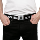 BD Wings Logo CLOSE-UP Full Color Black Silver Seatbelt Belt - LOS F*CKIN' ANGELES Heart Black/White/Red Webbing - Buckle-Down - Flyclothing LLC