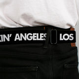 BD Wings Logo CLOSE-UP Full Color Black Silver Seatbelt Belt - LOS F*CKIN' ANGELES Heart Black/White/Red Webbing - Buckle-Down - Flyclothing LLC
