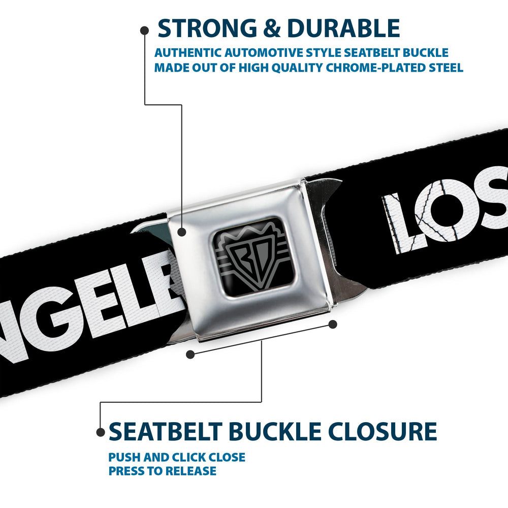 BD Wings Logo CLOSE-UP Full Color Black Silver Seatbelt Belt - LOS F*CKIN' ANGELES Heart Black/White/Red Webbing - Buckle-Down - Flyclothing LLC