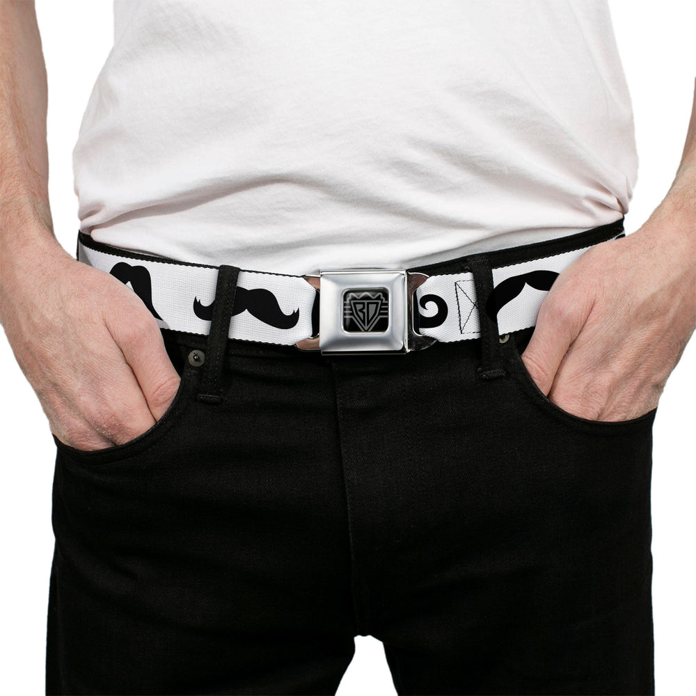 BD Wings Logo CLOSE-UP Full Color Black Silver Seatbelt Belt - Mustaches Straight White/Black Webbing - Buckle-Down - Flyclothing LLC