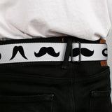 BD Wings Logo CLOSE-UP Full Color Black Silver Seatbelt Belt - Mustaches Straight White/Black Webbing - Buckle-Down - Flyclothing LLC