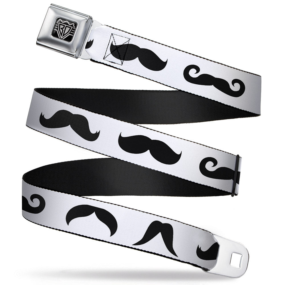 BD Wings Logo CLOSE-UP Full Color Black Silver Seatbelt Belt - Mustaches Straight White/Black Webbing - Buckle-Down - Flyclothing LLC