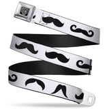 BD Wings Logo CLOSE-UP Full Color Black Silver Seatbelt Belt - Mustaches Straight White/Black Webbing - Buckle-Down - Flyclothing LLC