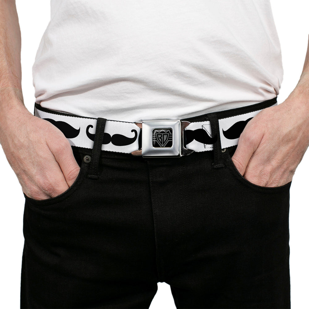 BD Wings Logo CLOSE-UP Full Color Black Silver Seatbelt Belt - Mustache Trio White/Black Webbing - Buckle-Down - Flyclothing LLC