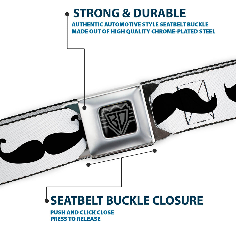 BD Wings Logo CLOSE-UP Full Color Black Silver Seatbelt Belt - Mustache Trio White/Black Webbing - Buckle-Down - Flyclothing LLC