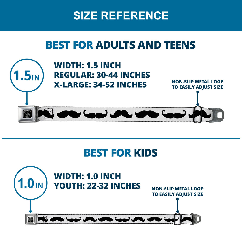 BD Wings Logo CLOSE-UP Full Color Black Silver Seatbelt Belt - Mustache Trio White/Black Webbing - Buckle-Down - Flyclothing LLC