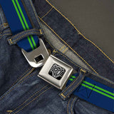 BD Wings Logo CLOSE-UP Full Color Black Silver Seatbelt Belt - Racing Stripe Navy/Bright Green Webbing - Buckle-Down - Flyclothing LLC