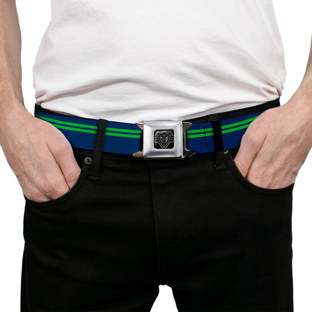 BD Wings Logo CLOSE-UP Full Color Black Silver Seatbelt Belt - Racing Stripe Navy/Bright Green Webbing - Buckle-Down - Flyclothing LLC