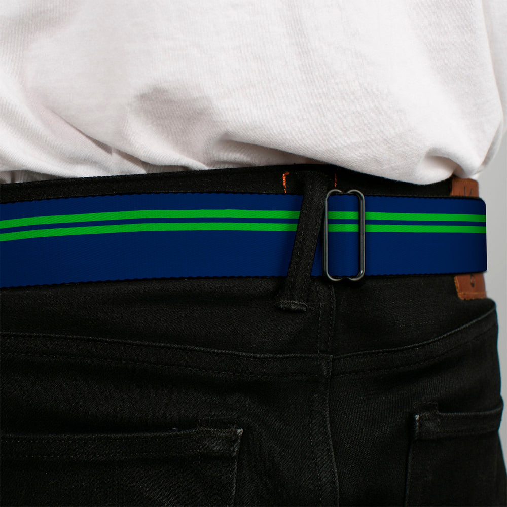 BD Wings Logo CLOSE-UP Full Color Black Silver Seatbelt Belt - Racing Stripe Navy/Bright Green Webbing - Buckle-Down - Flyclothing LLC