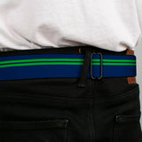BD Wings Logo CLOSE-UP Full Color Black Silver Seatbelt Belt - Racing Stripe Navy/Bright Green Webbing - Buckle-Down - Flyclothing LLC