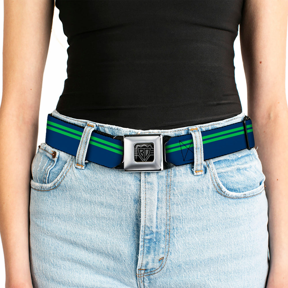 BD Wings Logo CLOSE-UP Full Color Black Silver Seatbelt Belt - Racing Stripe Navy/Bright Green Webbing - Buckle-Down - Flyclothing LLC