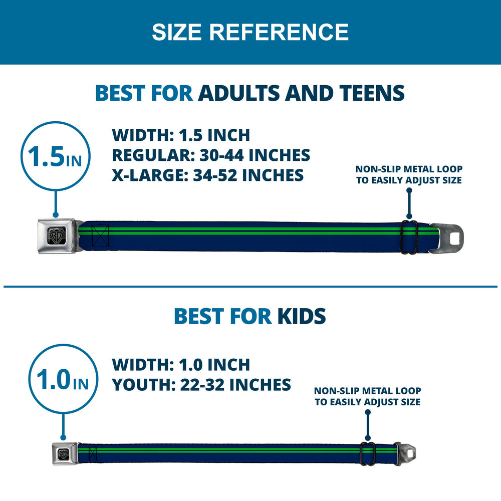 BD Wings Logo CLOSE-UP Full Color Black Silver Seatbelt Belt - Racing Stripe Navy/Bright Green Webbing - Buckle-Down - Flyclothing LLC