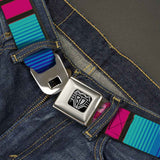 BD Wings Logo CLOSE-UP Full Color Black Silver Seatbelt Belt - Zarape7 Vertical Pinks/Blues/Greens/Black Webbing - Buckle-Down - Flyclothing LLC