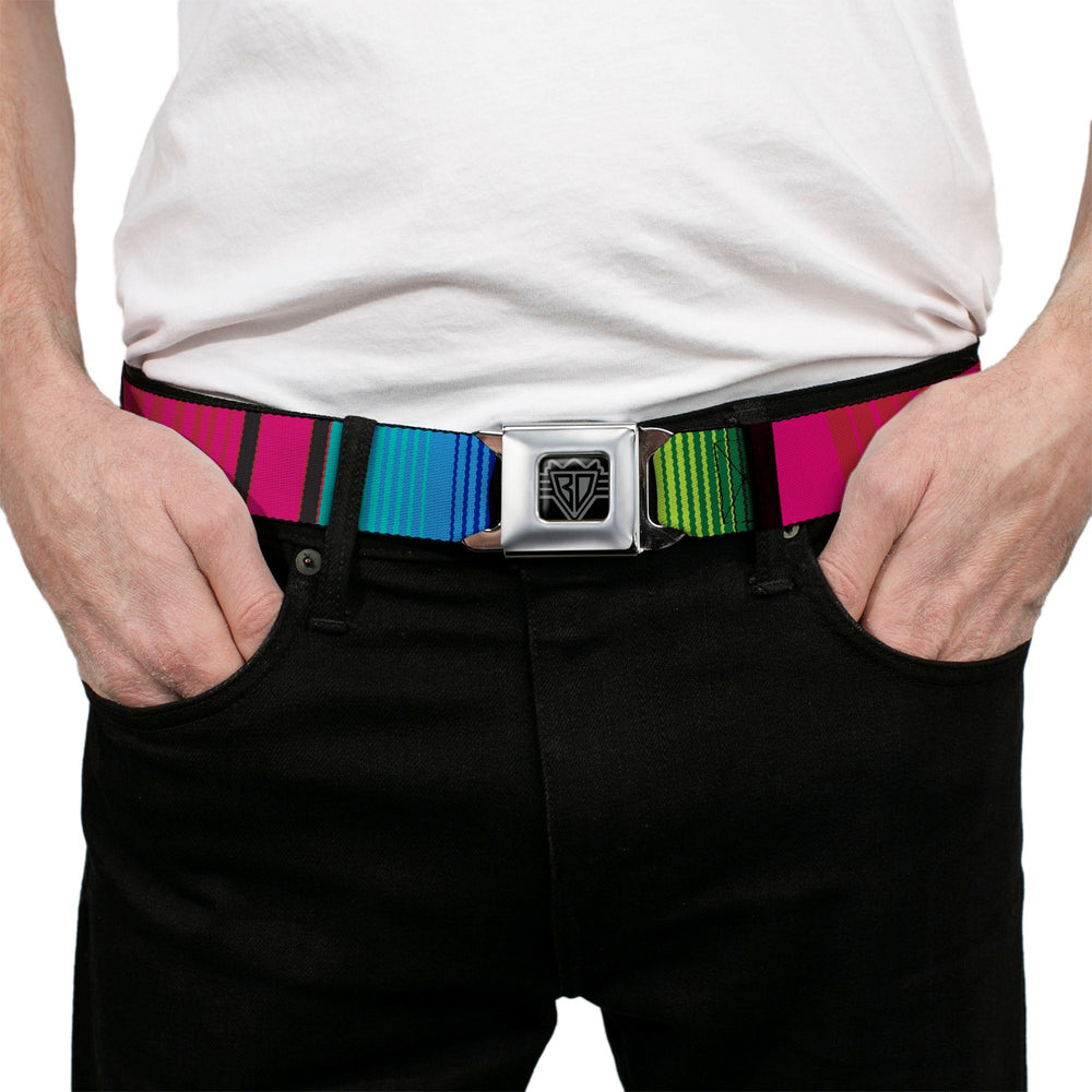 BD Wings Logo CLOSE-UP Full Color Black Silver Seatbelt Belt - Zarape7 Vertical Pinks/Blues/Greens/Black Webbing - Buckle-Down - Flyclothing LLC