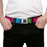 BD Wings Logo CLOSE-UP Full Color Black Silver Seatbelt Belt - Zarape7 Vertical Pinks/Blues/Greens/Black Webbing - Buckle-Down - Flyclothing LLC