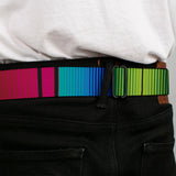 BD Wings Logo CLOSE-UP Full Color Black Silver Seatbelt Belt - Zarape7 Vertical Pinks/Blues/Greens/Black Webbing - Buckle-Down - Flyclothing LLC