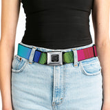 BD Wings Logo CLOSE-UP Full Color Black Silver Seatbelt Belt - Zarape7 Vertical Pinks/Blues/Greens/Black Webbing - Buckle-Down - Flyclothing LLC