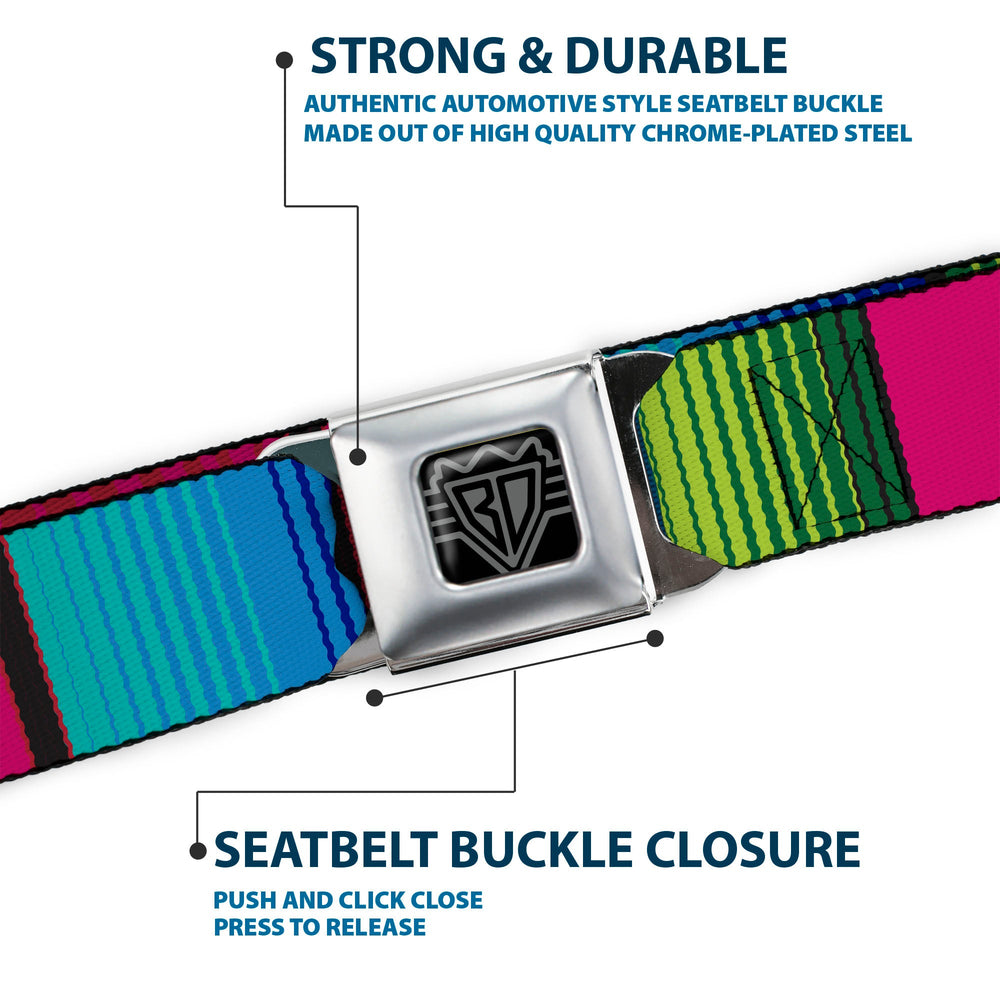BD Wings Logo CLOSE-UP Full Color Black Silver Seatbelt Belt - Zarape7 Vertical Pinks/Blues/Greens/Black Webbing - Buckle-Down - Flyclothing LLC