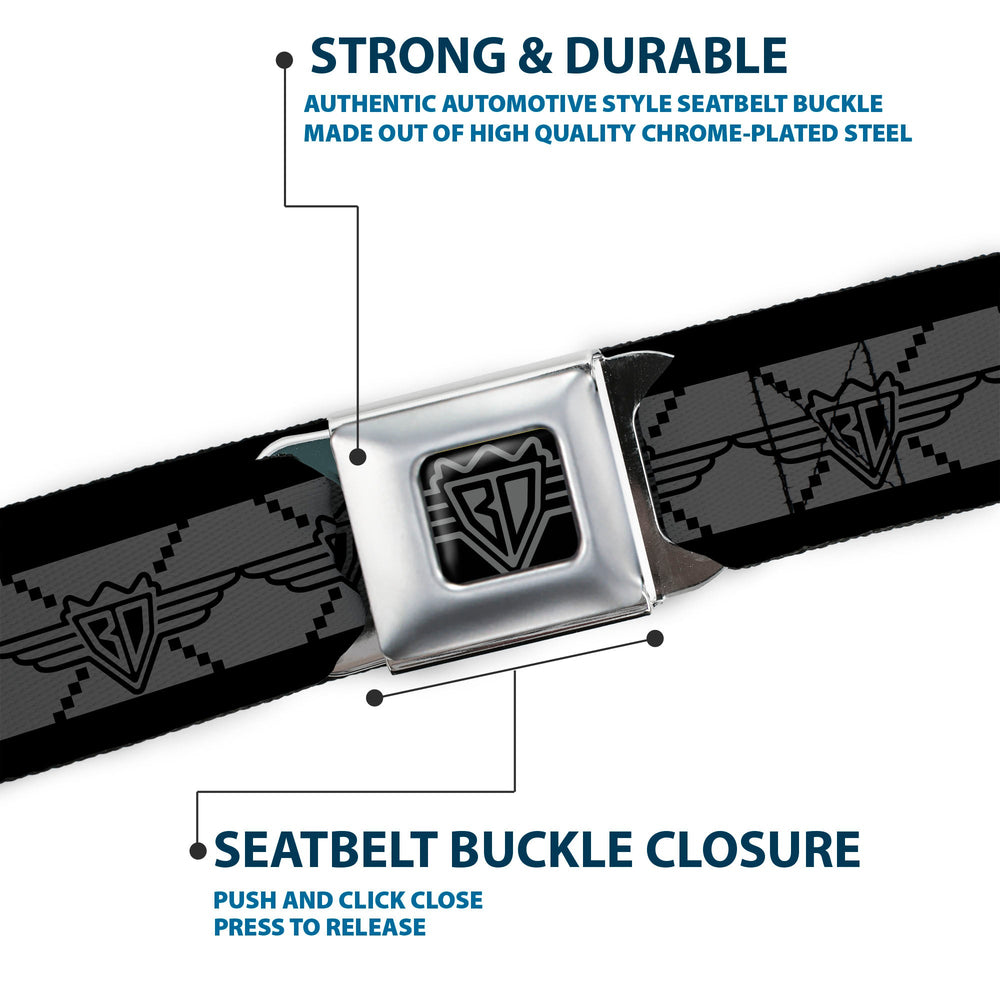 BD Wings Logo CLOSE-UP Full Color Black Silver Seatbelt Belt - BD Monogram2 Gray/Black Webbing - Buckle-Down - Flyclothing LLC