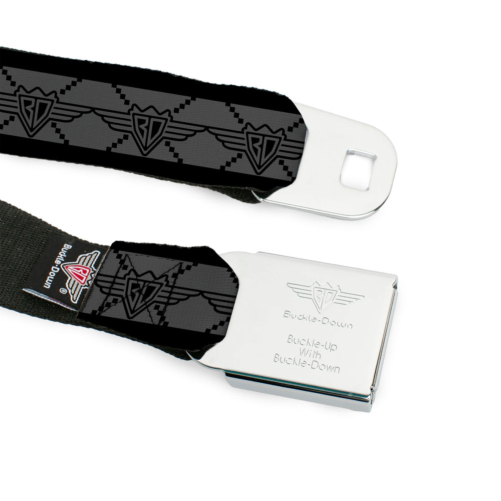 BD Wings Logo CLOSE-UP Full Color Black Silver Seatbelt Belt - BD Monogram2 Gray/Black Webbing - Buckle-Down - Flyclothing LLC
