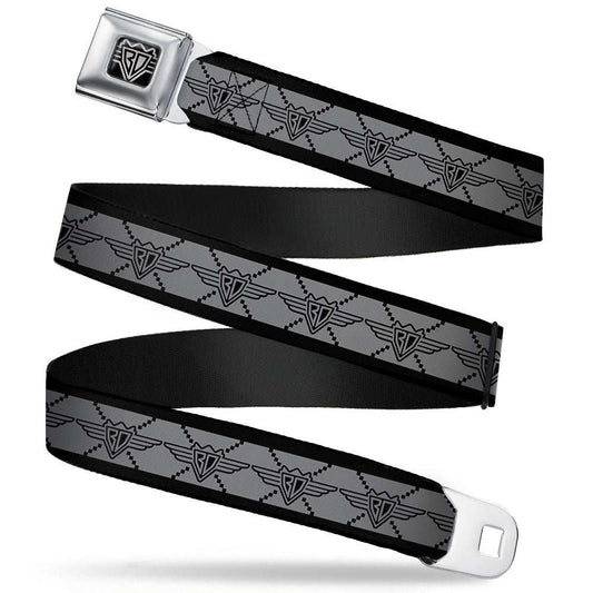 BD Wings Logo CLOSE-UP Full Color Black Silver Seatbelt Belt - BD Monogram2 Gray/Black Webbing - Buckle-Down - Flyclothing LLC