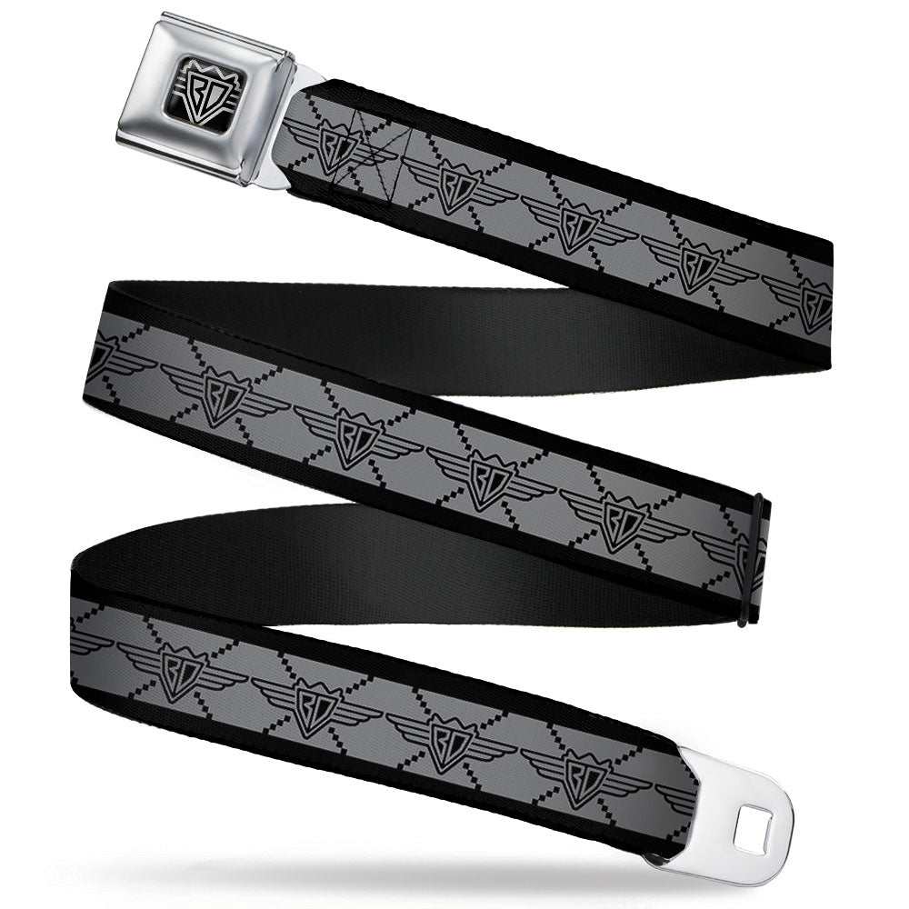 BD Wings Logo CLOSE-UP Full Color Black Silver Seatbelt Belt - BD Monogram2 Gray/Black Webbing - Buckle-Down - Flyclothing LLC