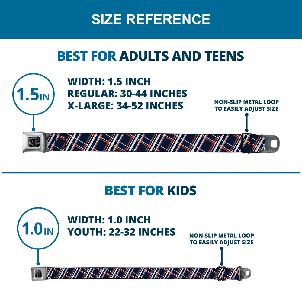 BD Wings Logo CLOSE-UP Full Color Black Silver Seatbelt Belt - Plaid X2 Navy/White/Orange Webbing - Buckle-Down - Flyclothing LLC