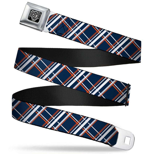 BD Wings Logo CLOSE-UP Full Color Black Silver Seatbelt Belt - Plaid X2 Navy/White/Orange Webbing - Buckle-Down - Flyclothing LLC