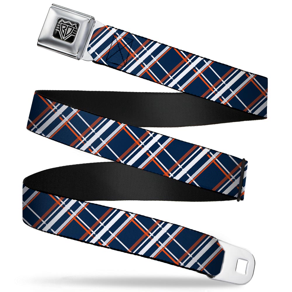 BD Wings Logo CLOSE-UP Full Color Black Silver Seatbelt Belt - Plaid X2 Navy/White/Orange Webbing - Buckle-Down - Flyclothing LLC