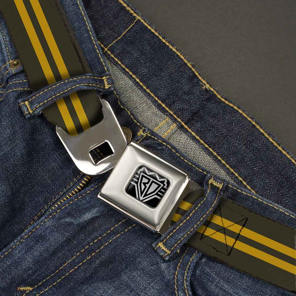 BD Wings Logo CLOSE-UP Full Color Black Silver Seatbelt Belt - Stripe Black/Gold Webbing - Buckle-Down - Flyclothing LLC