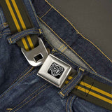 BD Wings Logo CLOSE-UP Full Color Black Silver Seatbelt Belt - Stripe Black/Gold Webbing - Buckle-Down - Flyclothing LLC