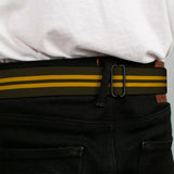 BD Wings Logo CLOSE-UP Full Color Black Silver Seatbelt Belt - Stripe Black/Gold Webbing - Buckle-Down - Flyclothing LLC