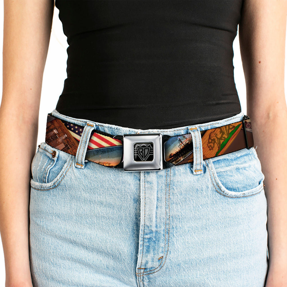 BD Wings Logo CLOSE-UP Full Color Black Silver Seatbelt Belt - Surfboard Cali Scenes/US Flag Stacked Brown Webbing - Buckle-Down - Flyclothing LLC