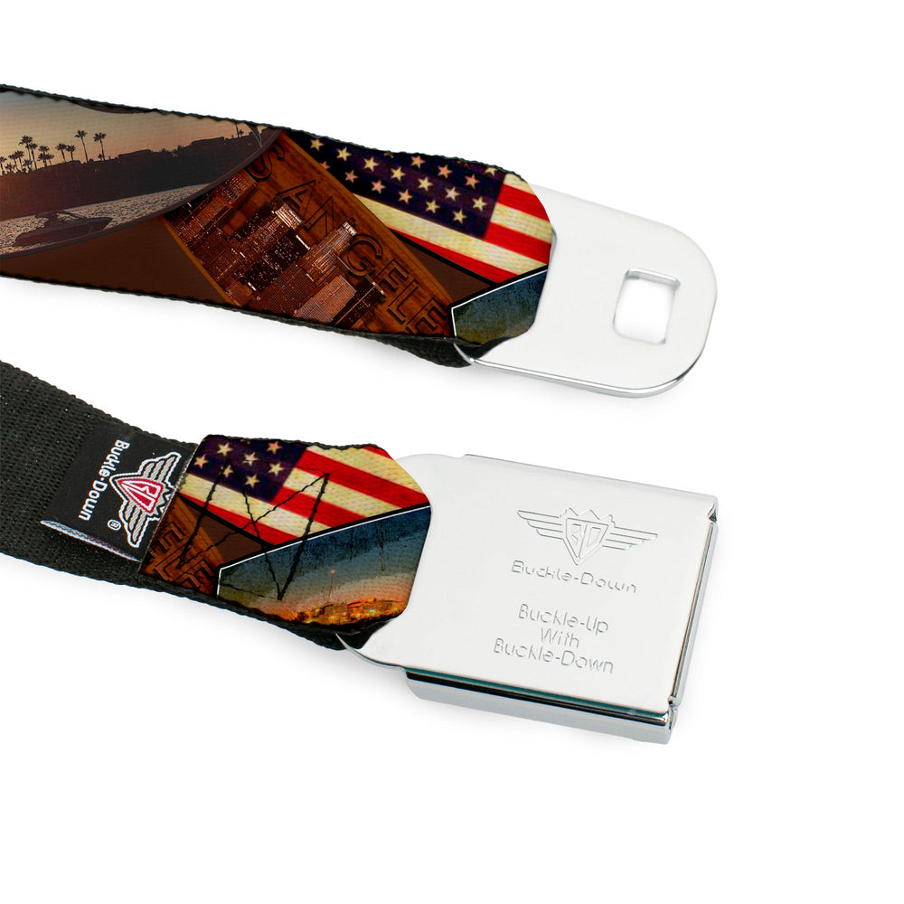 BD Wings Logo CLOSE-UP Full Color Black Silver Seatbelt Belt - Surfboard Cali Scenes/US Flag Stacked Brown Webbing - Buckle-Down - Flyclothing LLC