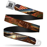 BD Wings Logo CLOSE-UP Full Color Black Silver Seatbelt Belt - Surfboard Cali Scenes/US Flag Stacked Brown Webbing - Buckle-Down - Flyclothing LLC