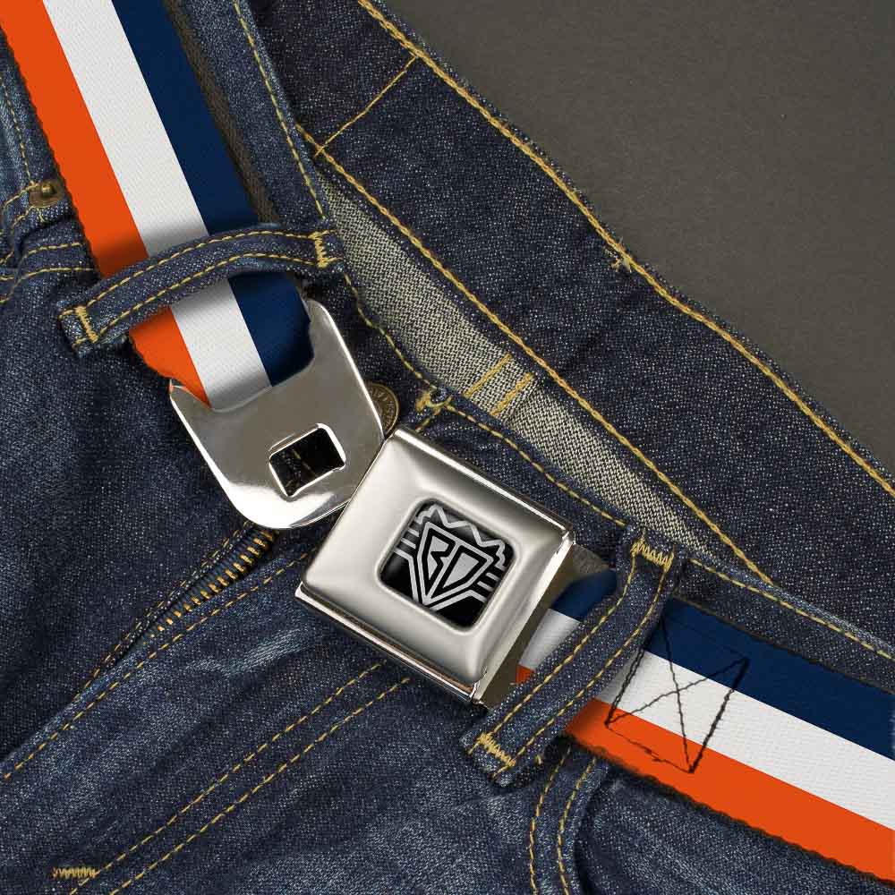BD Wings Logo CLOSE-UP Full Color Black Silver Seatbelt Belt - Stripe Navy/White/Orange Webbing - Buckle-Down - Flyclothing LLC