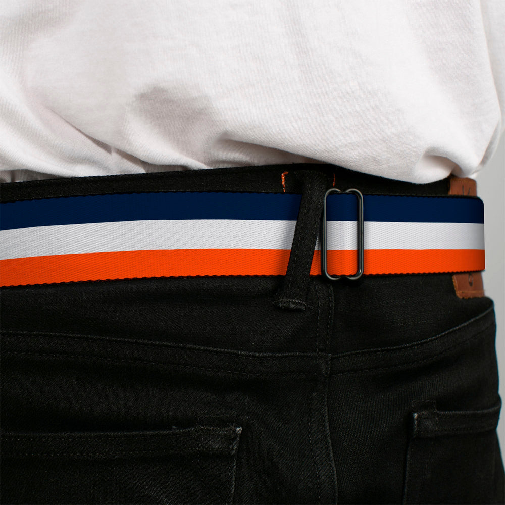 BD Wings Logo CLOSE-UP Full Color Black Silver Seatbelt Belt - Stripe Navy/White/Orange Webbing - Buckle-Down - Flyclothing LLC