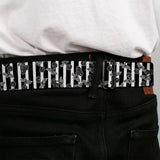 BD Wings Logo CLOSE-UP Full Color Black Silver Seatbelt Belt - Cherries Scattered/Vertical Stripe White/Black/Grays Webbing - Buckle-Down - Flyclothing LLC